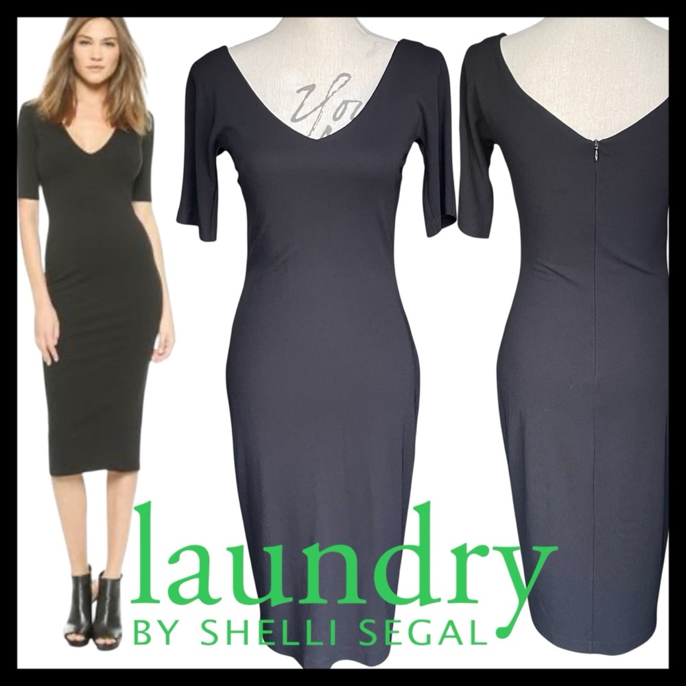 Laundry by Shelli Segal Black V Front/Back Bodycon Short Sleeve Midi Dress (6/8)
